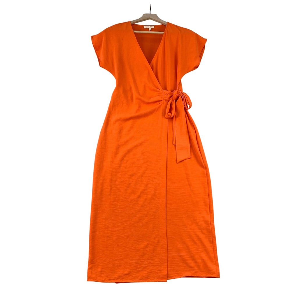 Joie de Vivre Wrap Dress Womens Medium Orange Short Sleeve V-Neck Midi